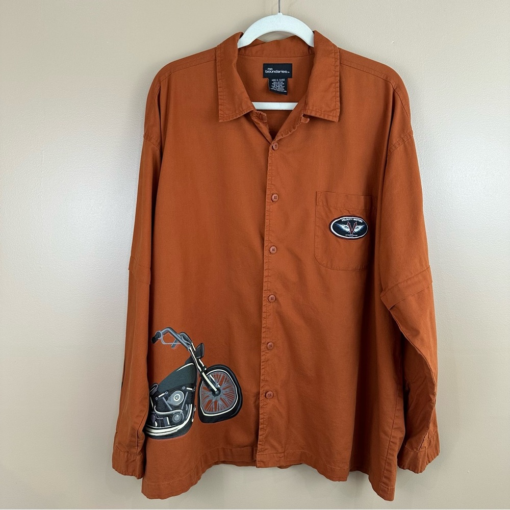 Rust Orange Men’s Velocity Motors Motorcycle Graphic Button-Up Shirt XL Biker